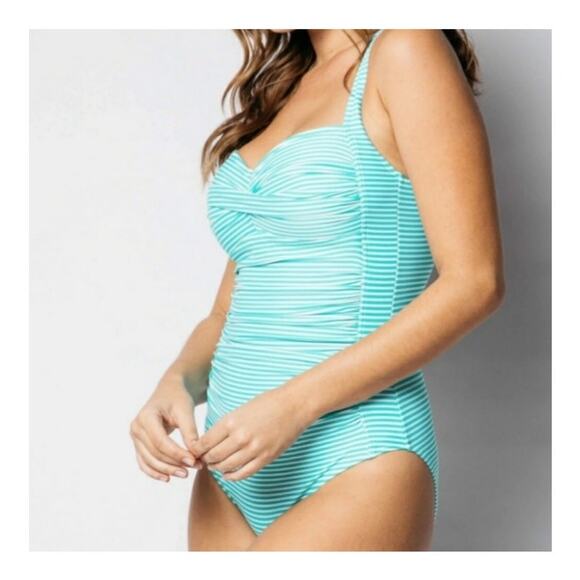 Bond-Eye Australia Turquoise Striped Twist Front‎ One Piece Swimsuit Size 8 Teal - Picture 2 of 16
